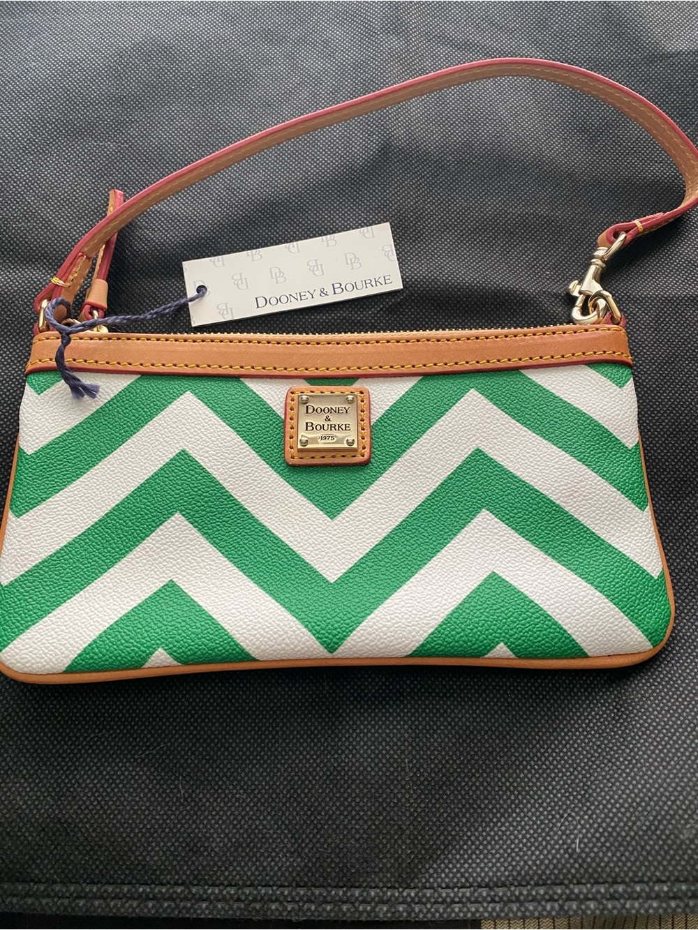 Dooney & Bourke Green and White Chevron Wristlet with Tan Trim